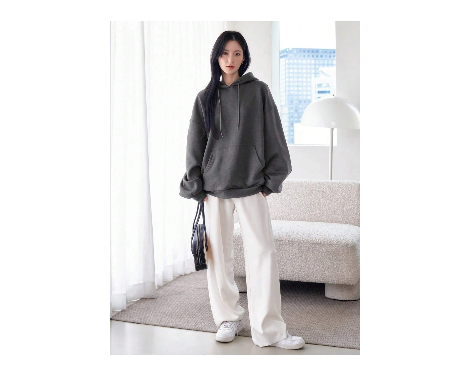 Dazy-Less Kanguru Cepli Düşük Omuz İpli Kapüşonlu Üst Gri