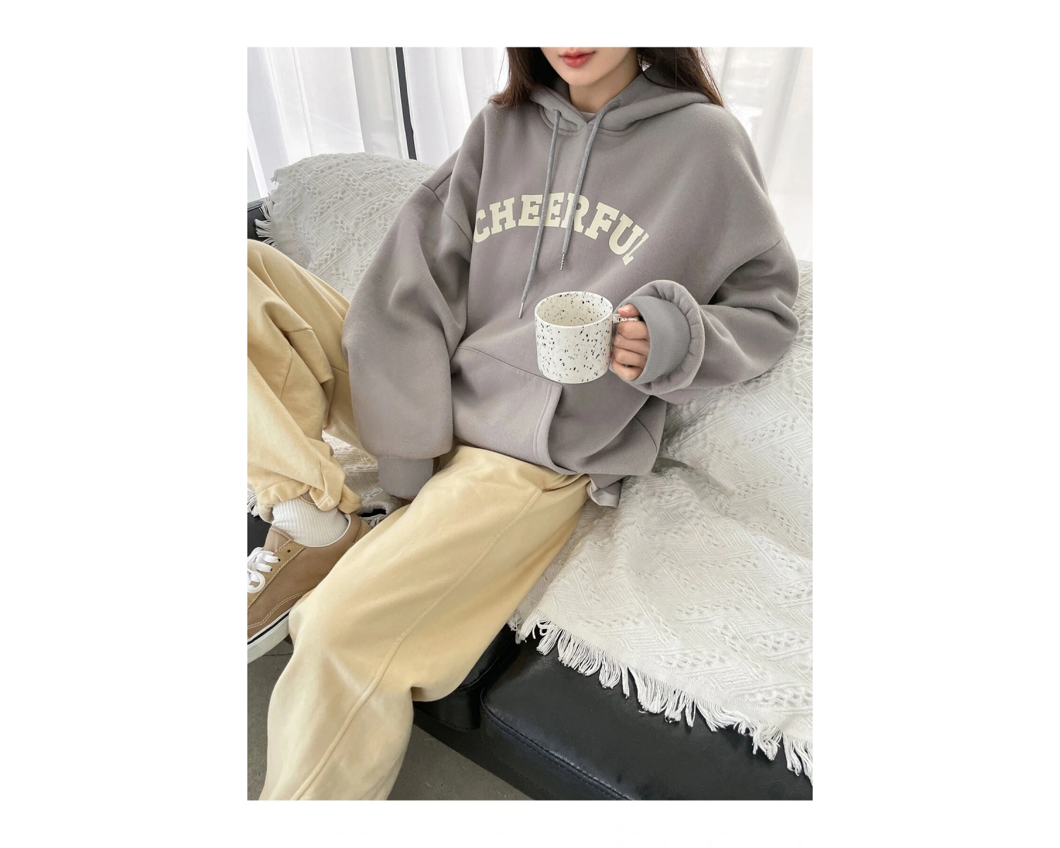 Dazy-Less Letter Graphic Drop Shoulder Drawstring Hoodie Without Tee Gri
