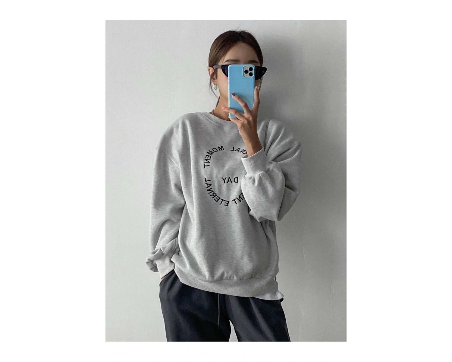 DAZY Slogan Embroidery Drop Shoulder Pullover Gri