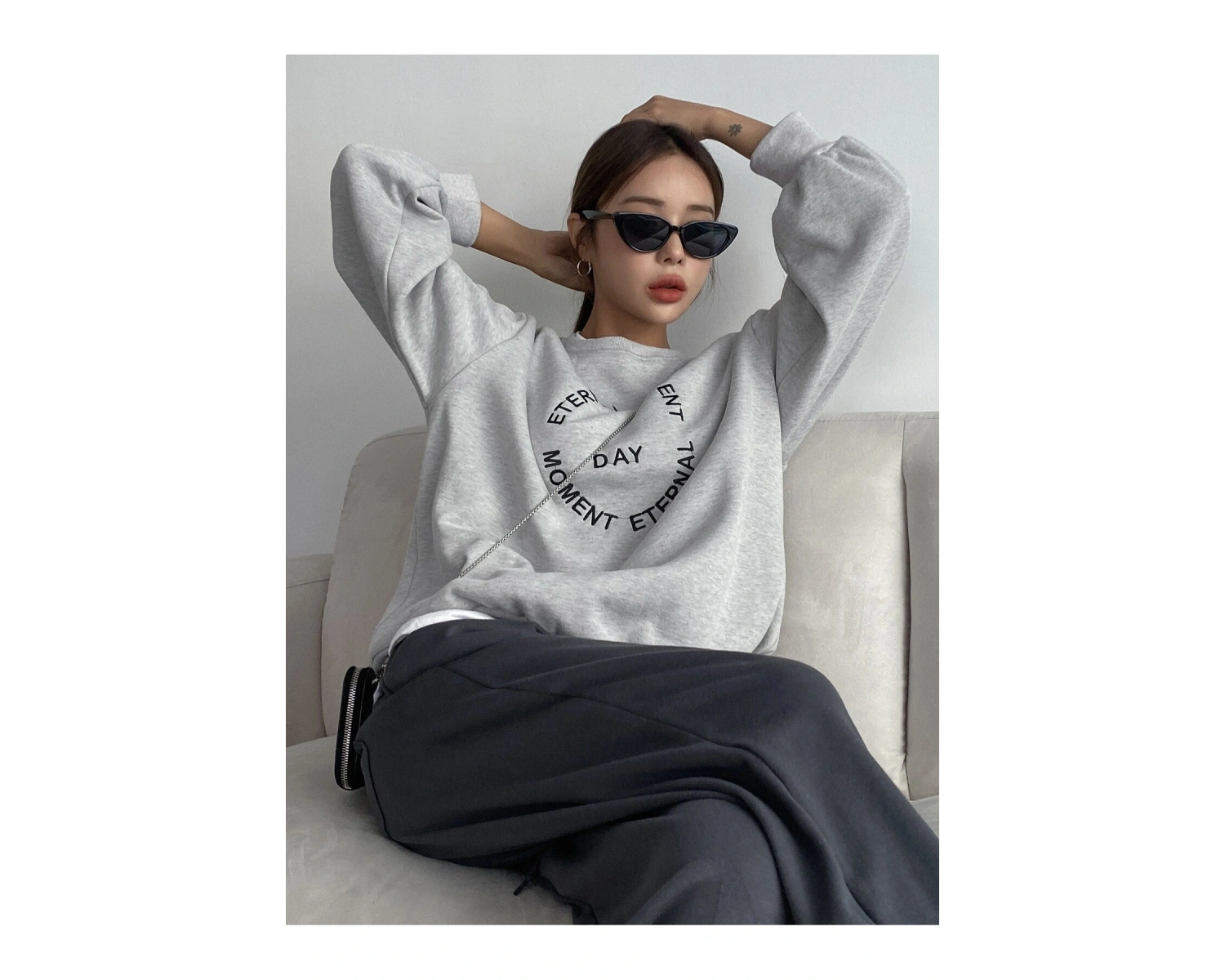 DAZY Slogan Embroidery Drop Shoulder Pullover Gri