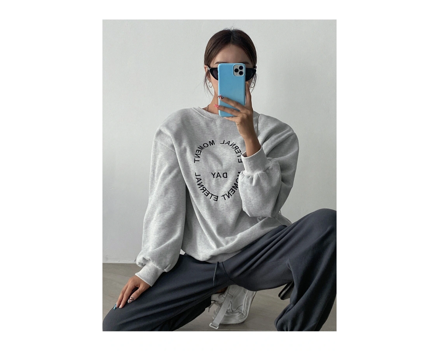 DAZY Slogan Embroidery Drop Shoulder Pullover Gri