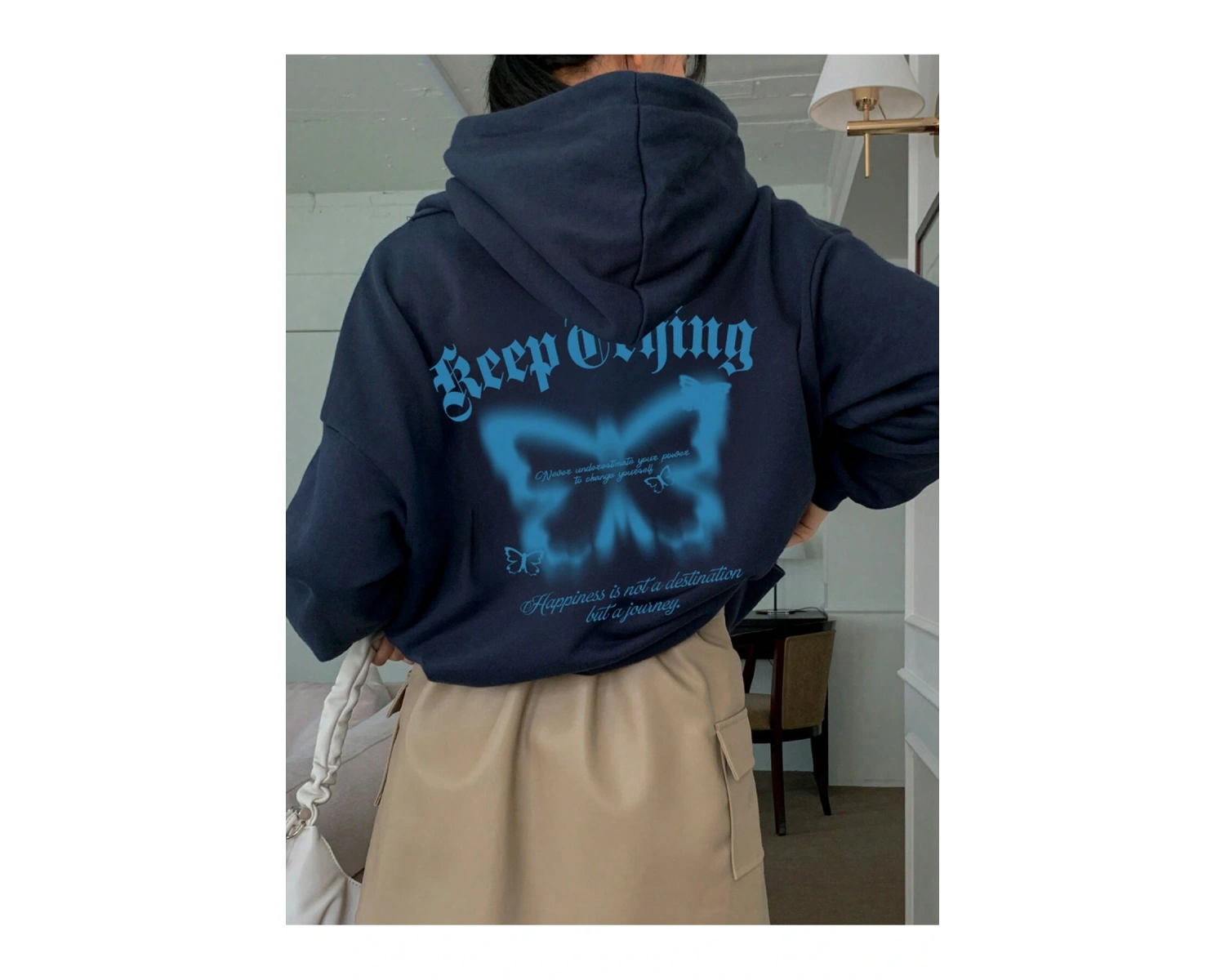 Dazy Star Sloganlı ve Kelebek Baskılı Düşük Omuzlu Kapüşonlu Üst MAVİRENK