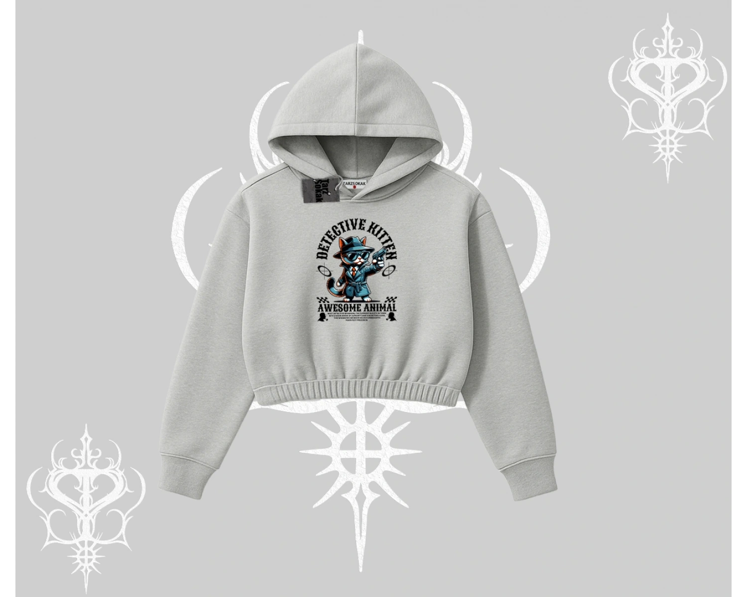 Detective Kitten Kedi Baskılı Kapşonlu Crop Sweatshirt