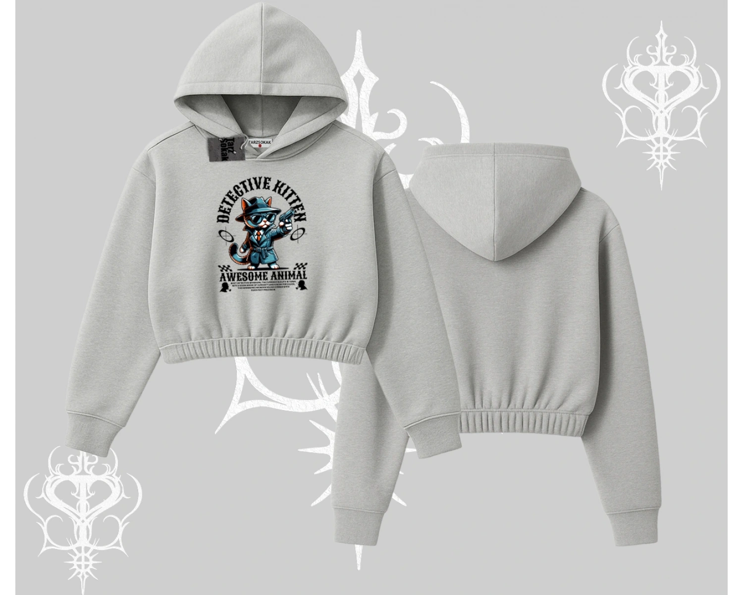 Detective Kitten Kedi Baskılı Kapşonlu Crop Sweatshirt