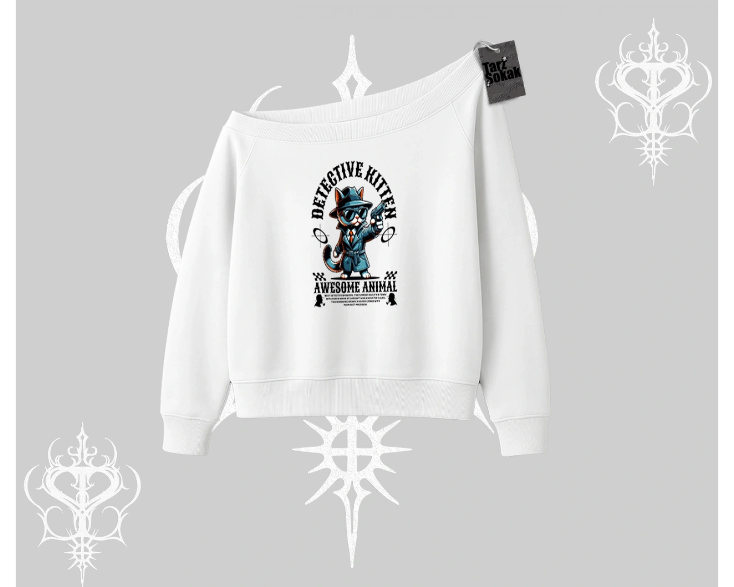 Detective Kitten Kedi Baskılı Kayık Yaka Sweatshirt