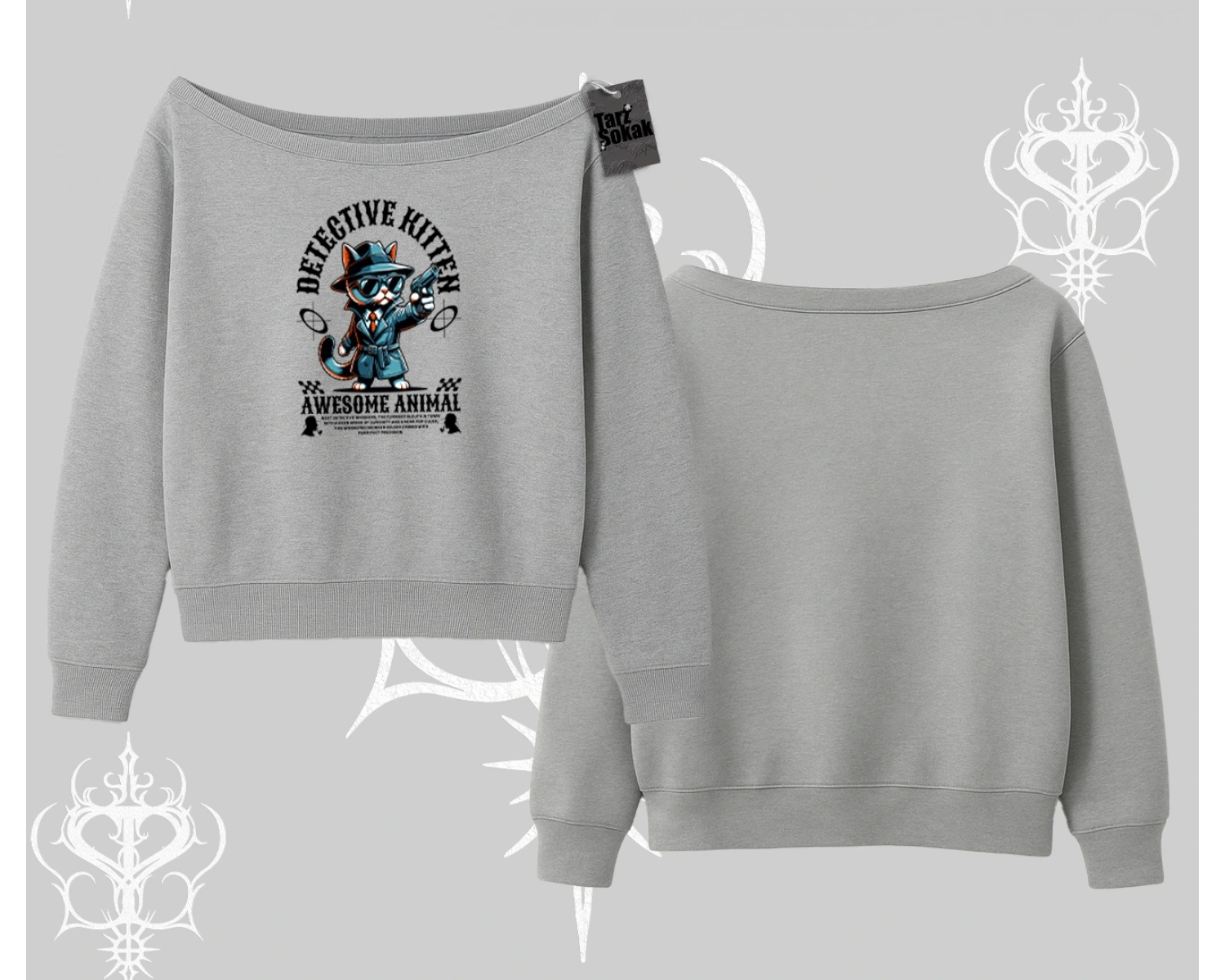 Detective Kitten Kedi Baskılı Kayık Yaka Sweatshirt