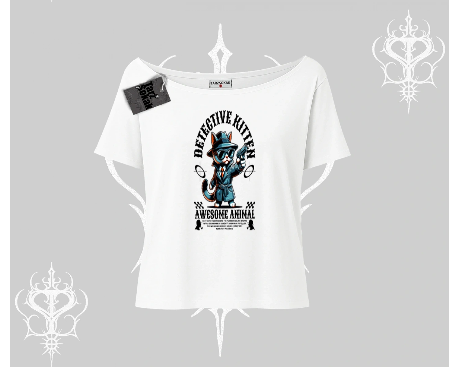 Detective Kitten Kedi Baskılı Kayık Yaka Tshirt