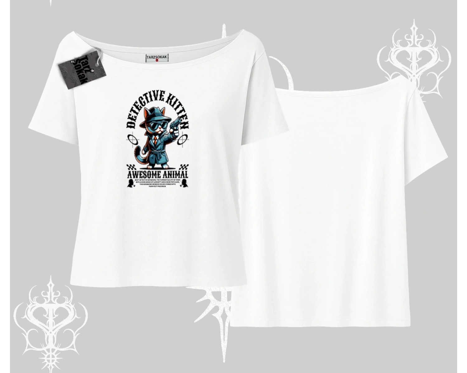 Detective Kitten Kedi Baskılı Kayık Yaka Tshirt