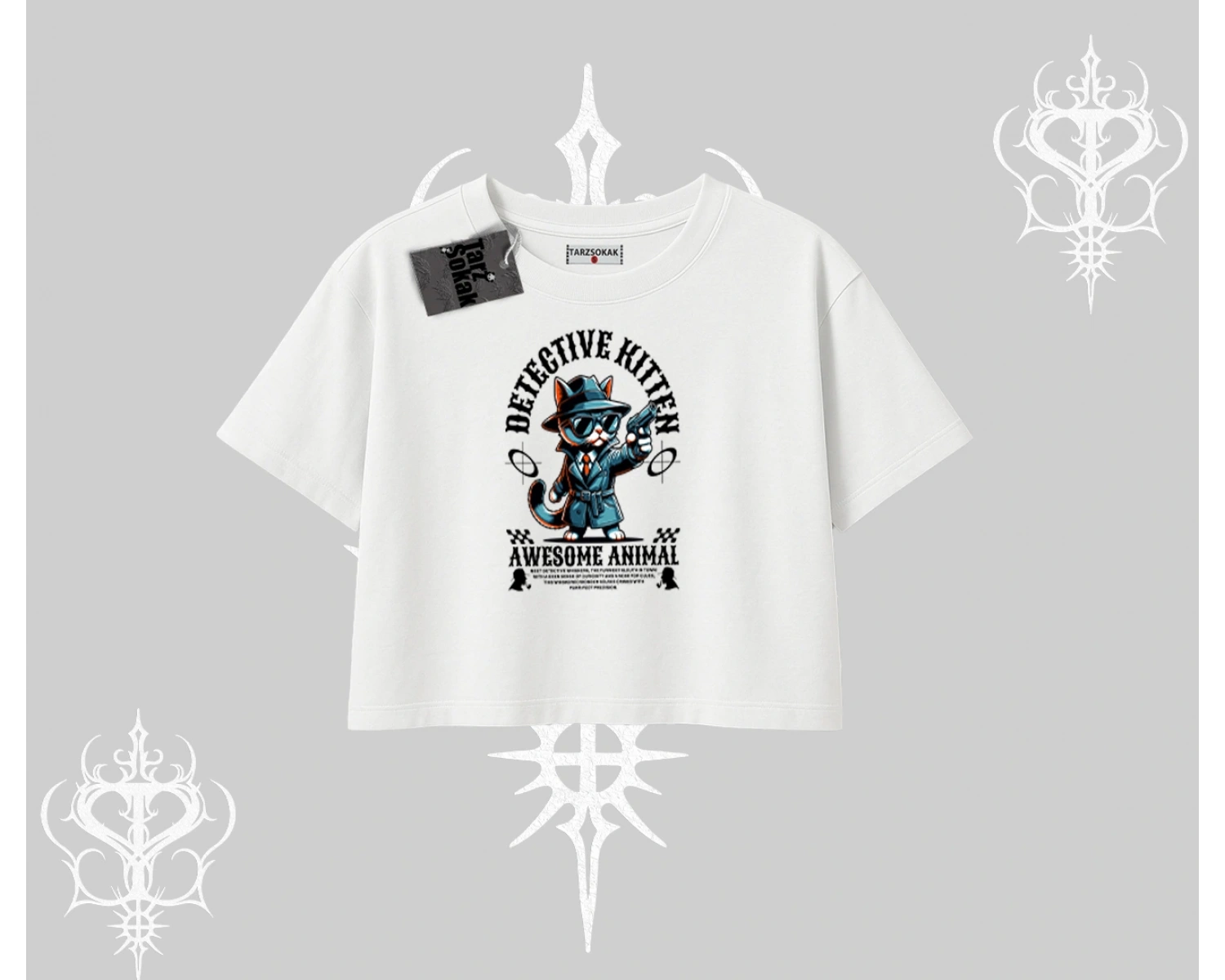 Detective Kitten Kedi Baskılı Oversize Crop Tshirt