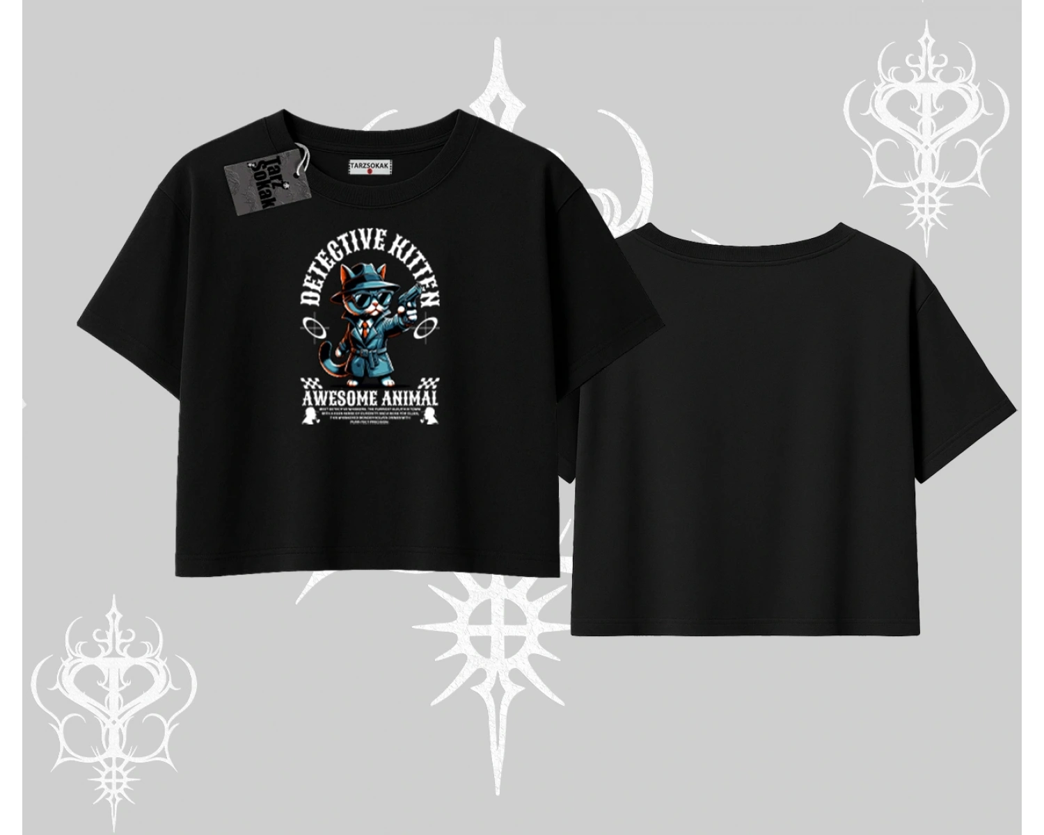 Detective Kitten Kedi Baskılı Oversize Crop Tshirt