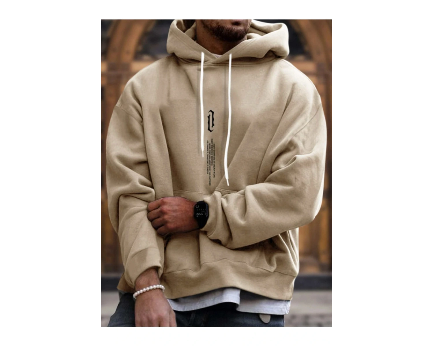 Dik Renkli Oversize Kapüşonlu Sweatshirt Bej