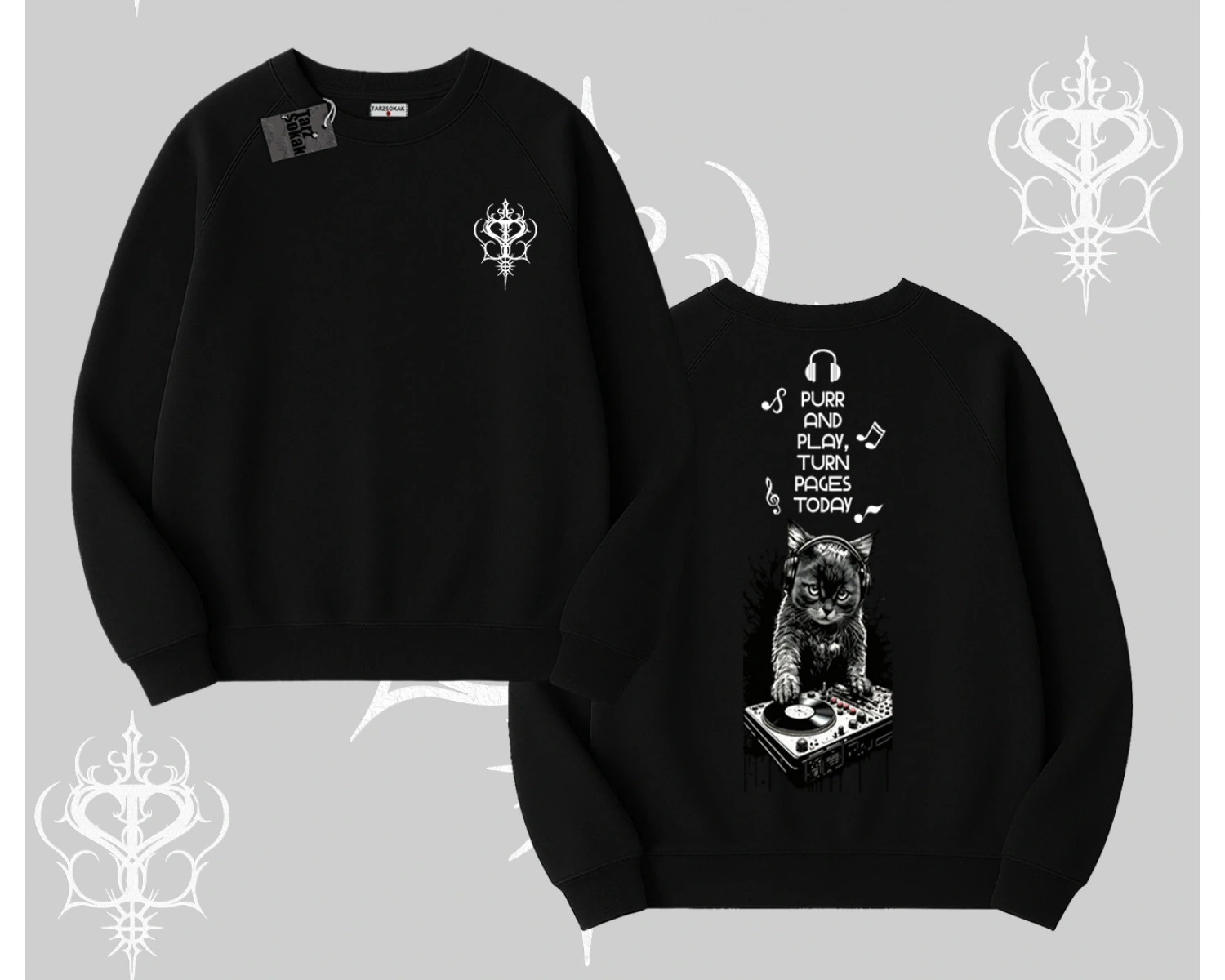 DJ Kedi Baskılı Müzik Temalı Biskilet Sweatshirt