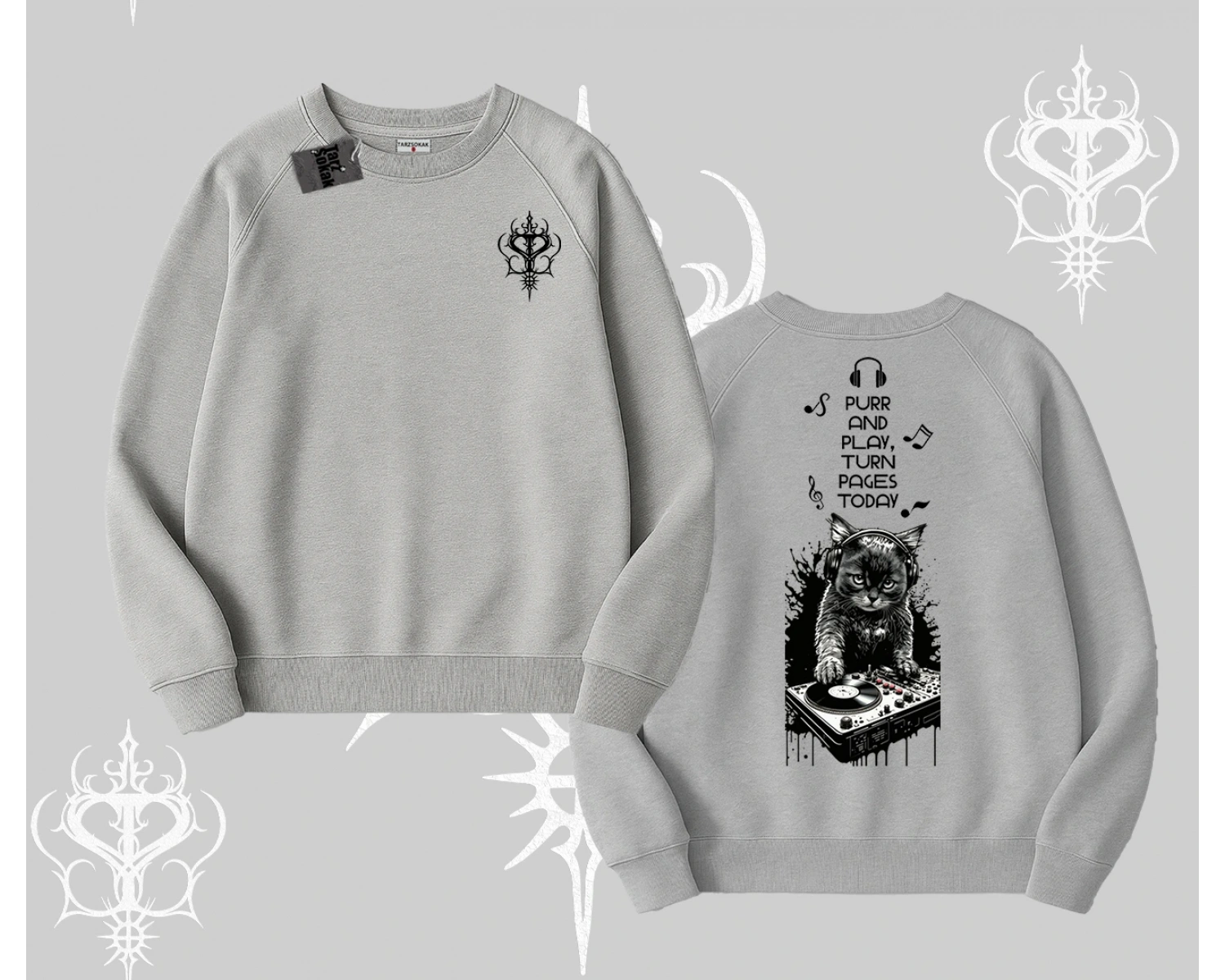 DJ Kedi Baskılı Müzik Temalı Biskilet Sweatshirt