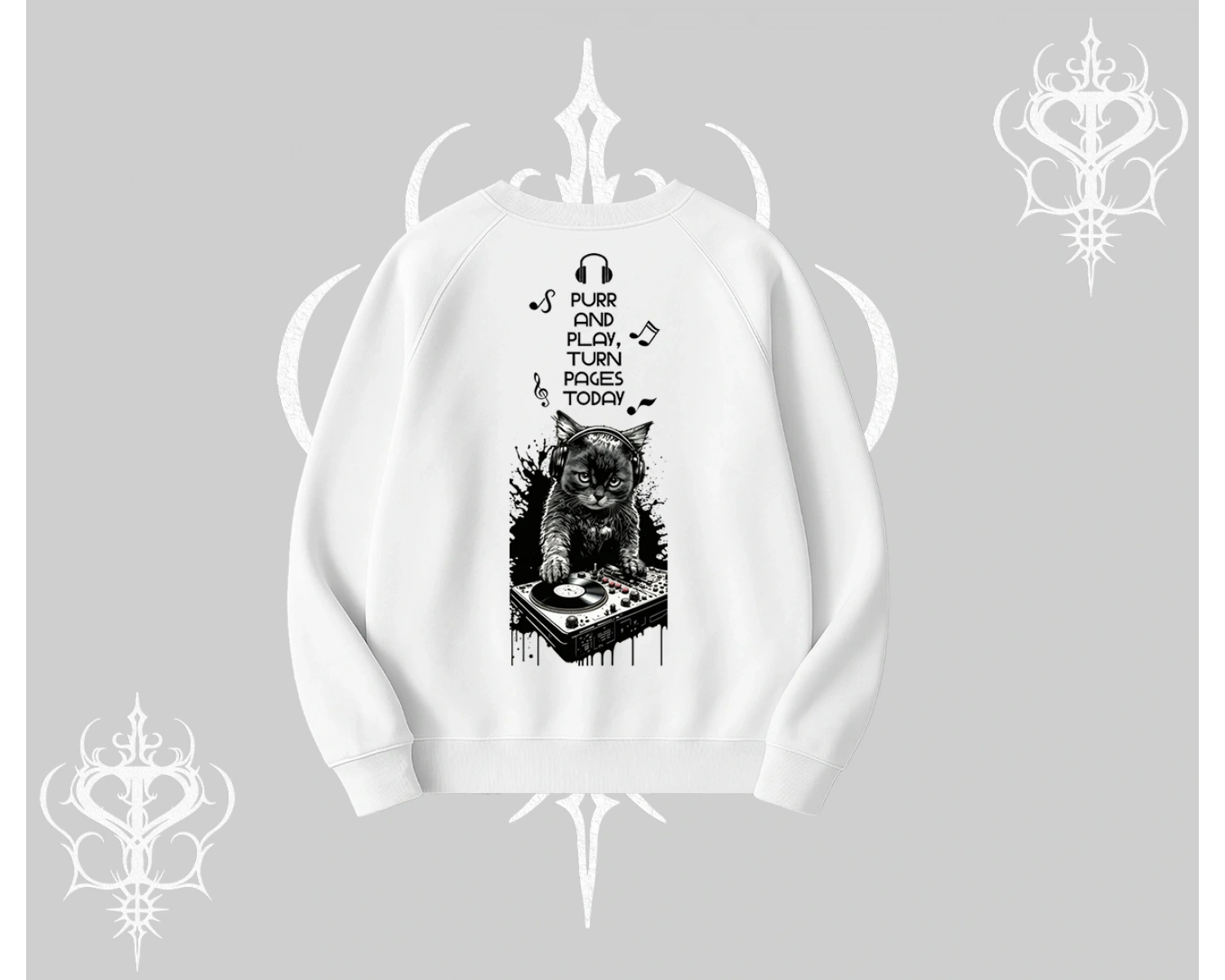 DJ Kedi Baskılı Müzik Temalı Biskilet Sweatshirt