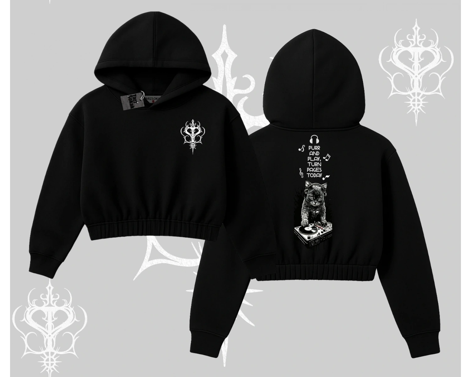 DJ Kedi Baskılı Müzik Temalı Kapşonlu Crop Sweatshirt