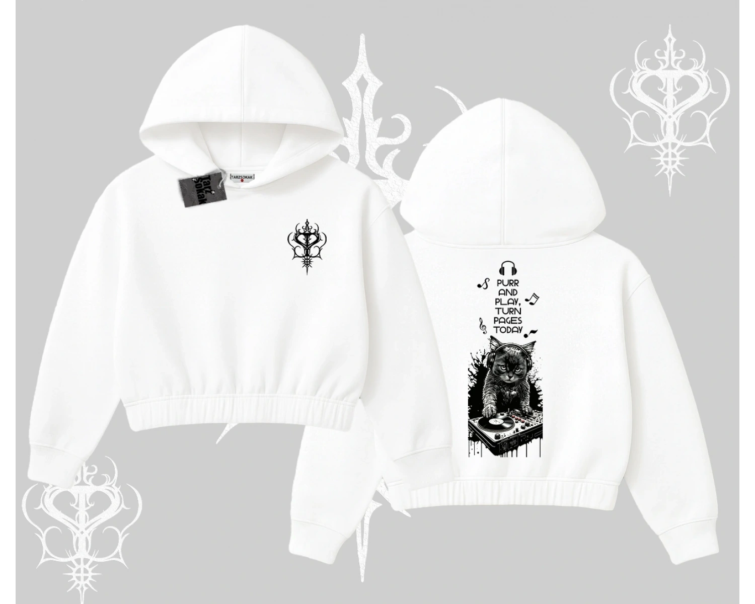 DJ Kedi Baskılı Müzik Temalı Kapşonlu Crop Sweatshirt