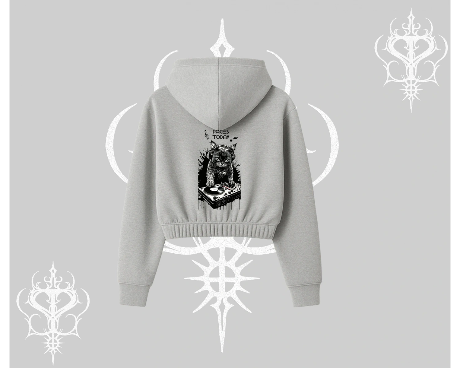 DJ Kedi Baskılı Müzik Temalı Kapşonlu Crop Sweatshirt