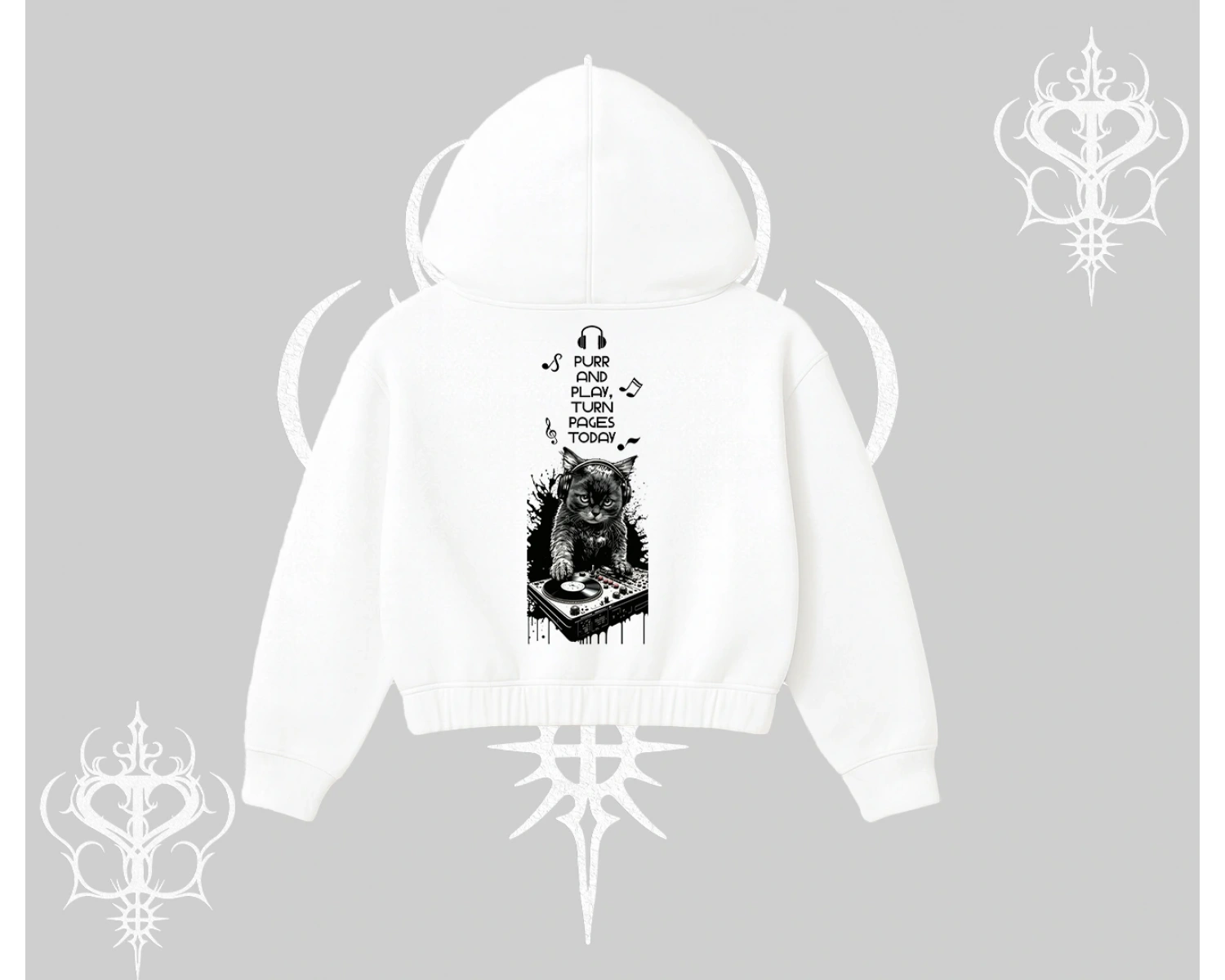 DJ Kedi Baskılı Müzik Temalı Kapşonlu Crop Sweatshirt