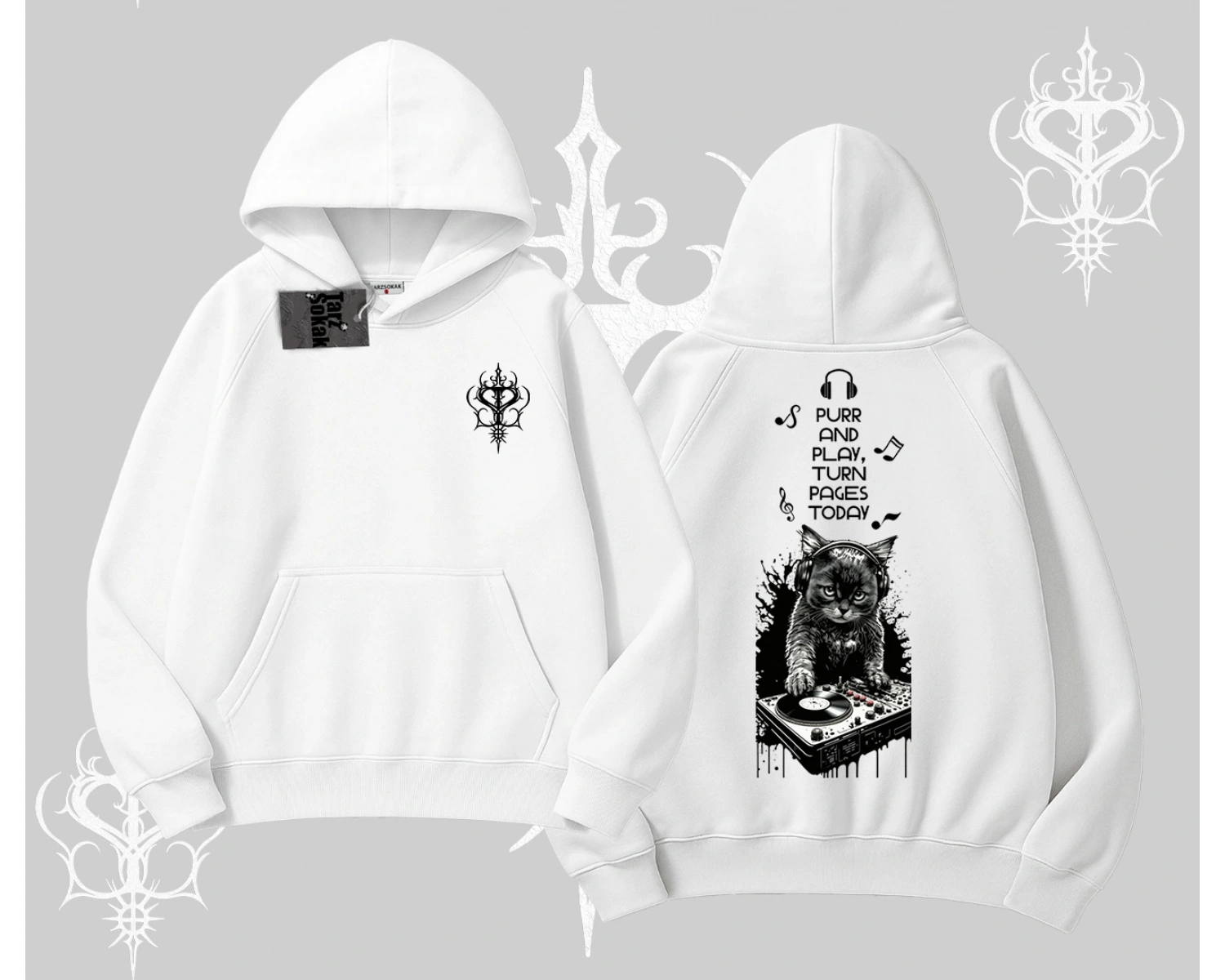 DJ Kedi Baskılı Müzik Temalı Kapşonlu Sweatshirt