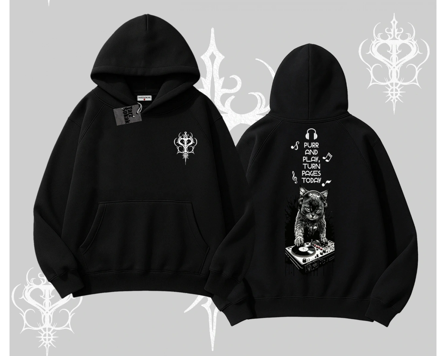 DJ Kedi Baskılı Müzik Temalı Kapşonlu Sweatshirt