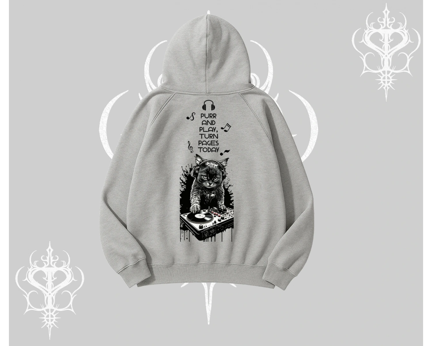 DJ Kedi Baskılı Müzik Temalı Kapşonlu Sweatshirt