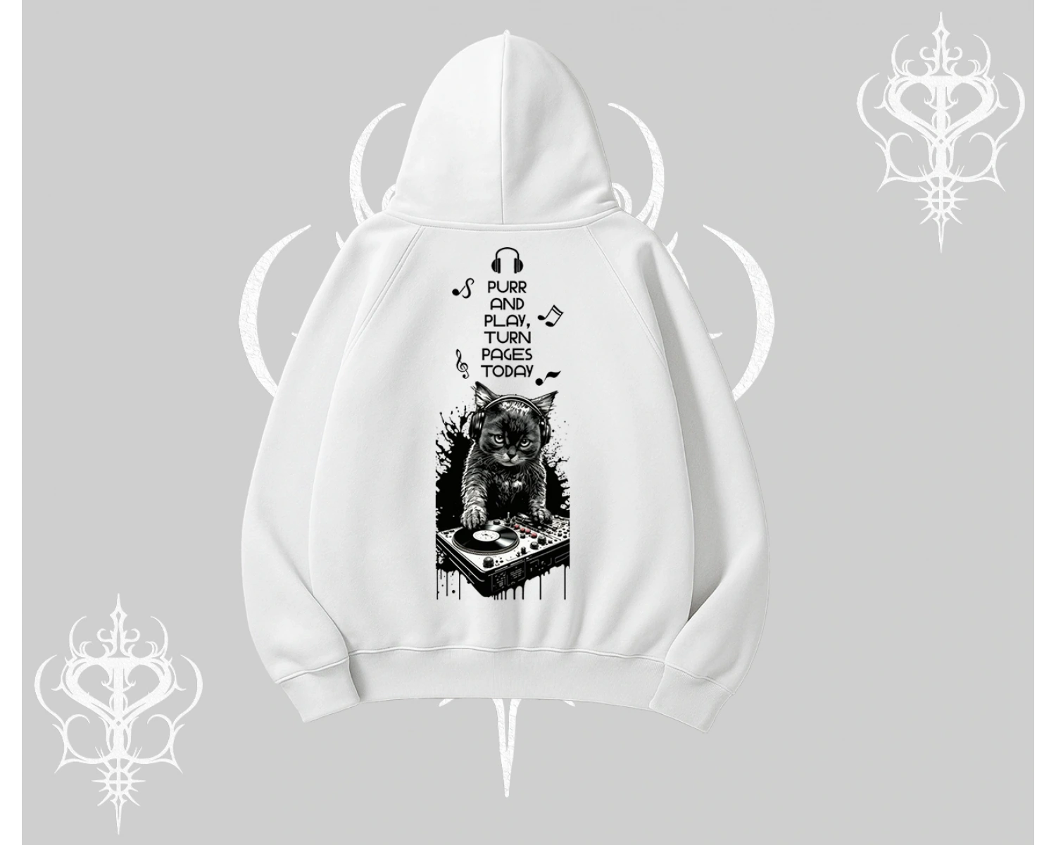 DJ Kedi Baskılı Müzik Temalı Kapşonlu Sweatshirt