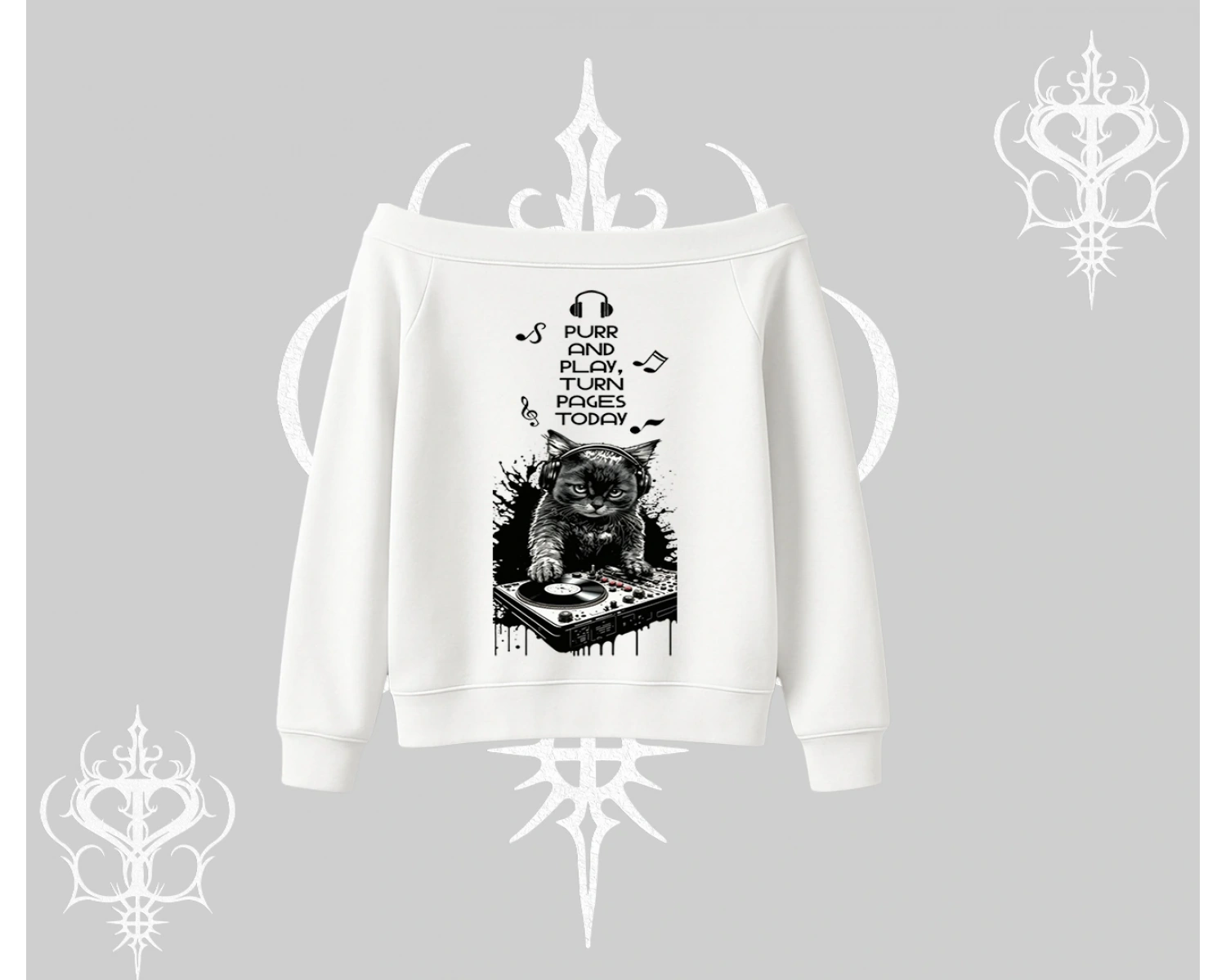 DJ Kedi Baskılı Müzik Temalı Kayık Yaka Sweatshirt