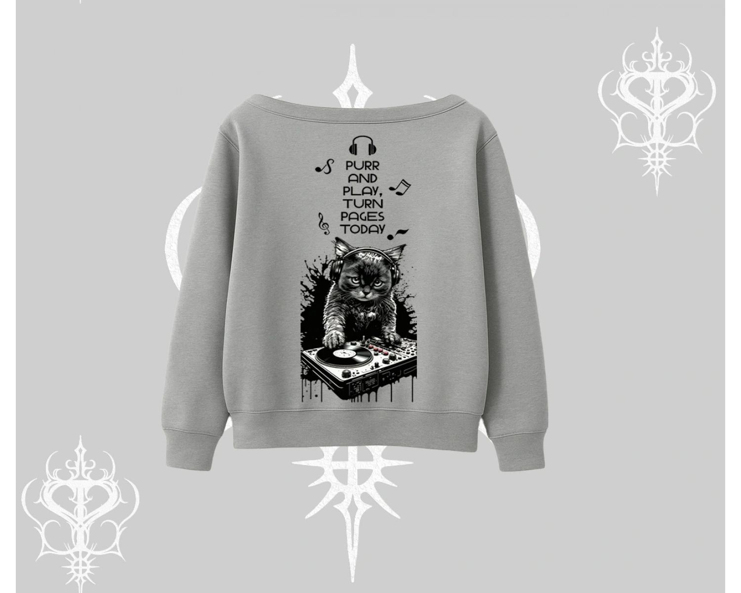 DJ Kedi Baskılı Müzik Temalı Kayık Yaka Sweatshirt