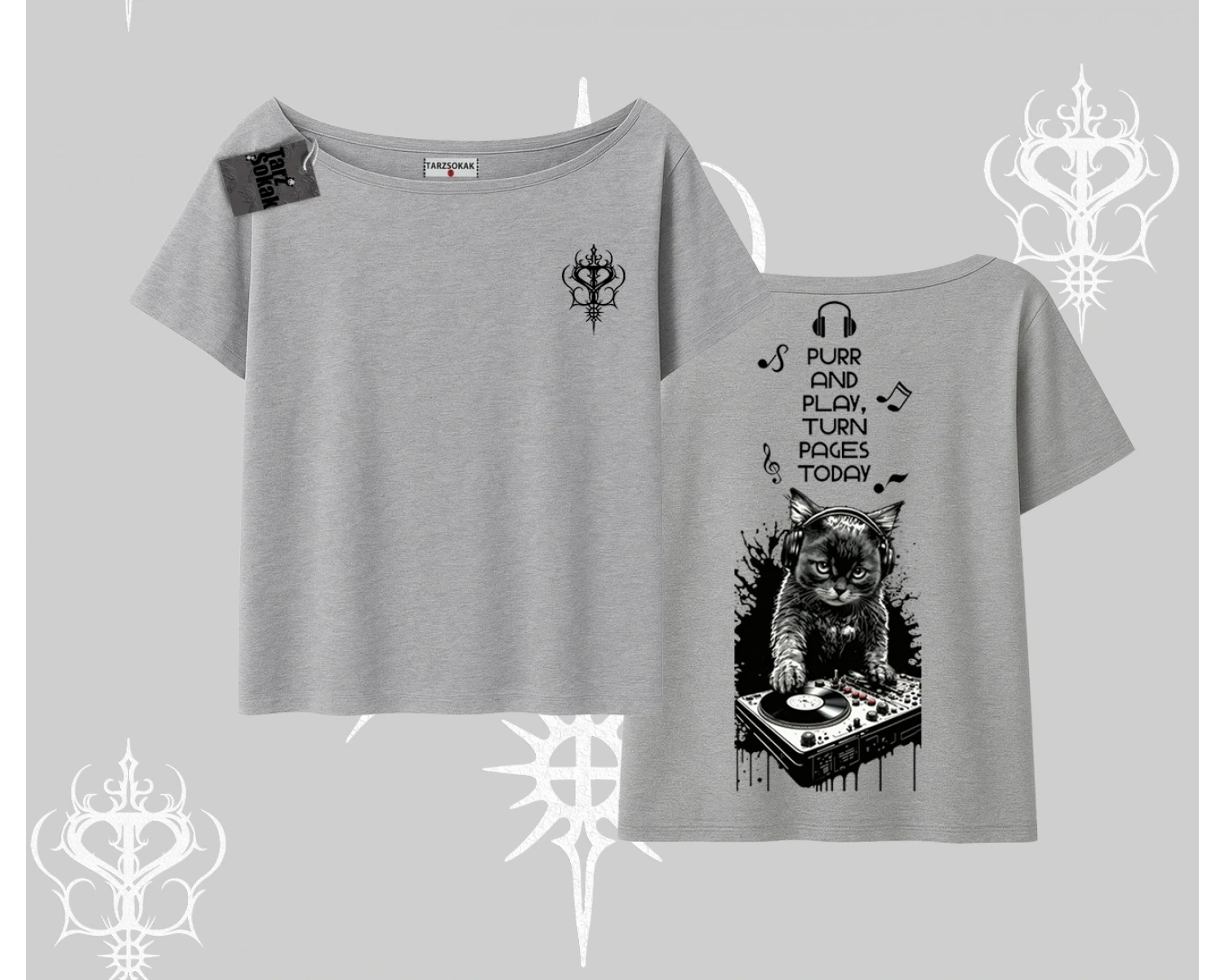 DJ Kedi Baskılı Müzik Temalı Kayık Yaka Tshirt