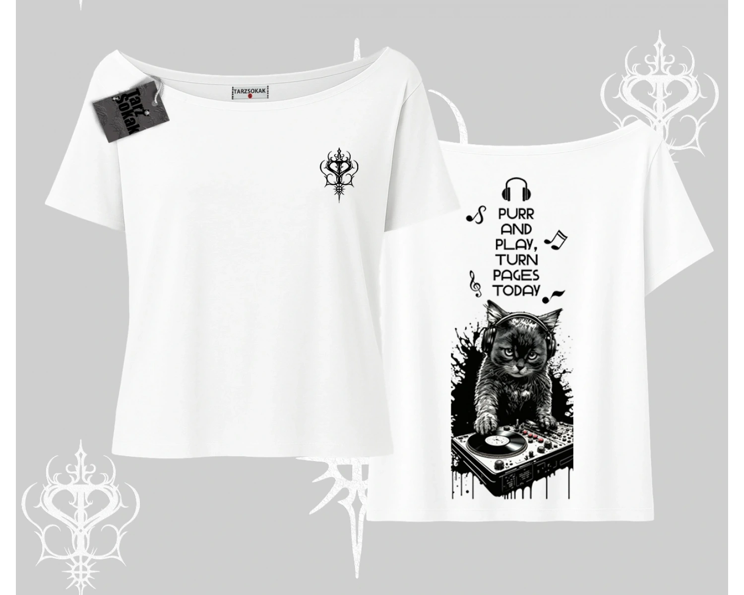 DJ Kedi Baskılı Müzik Temalı Kayık Yaka Tshirt