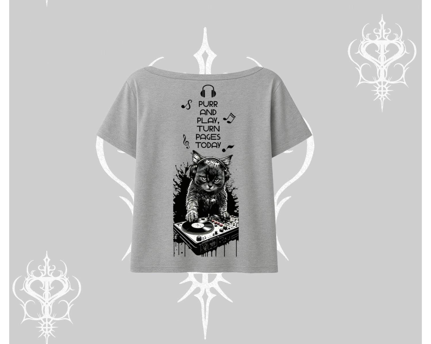 DJ Kedi Baskılı Müzik Temalı Kayık Yaka Tshirt