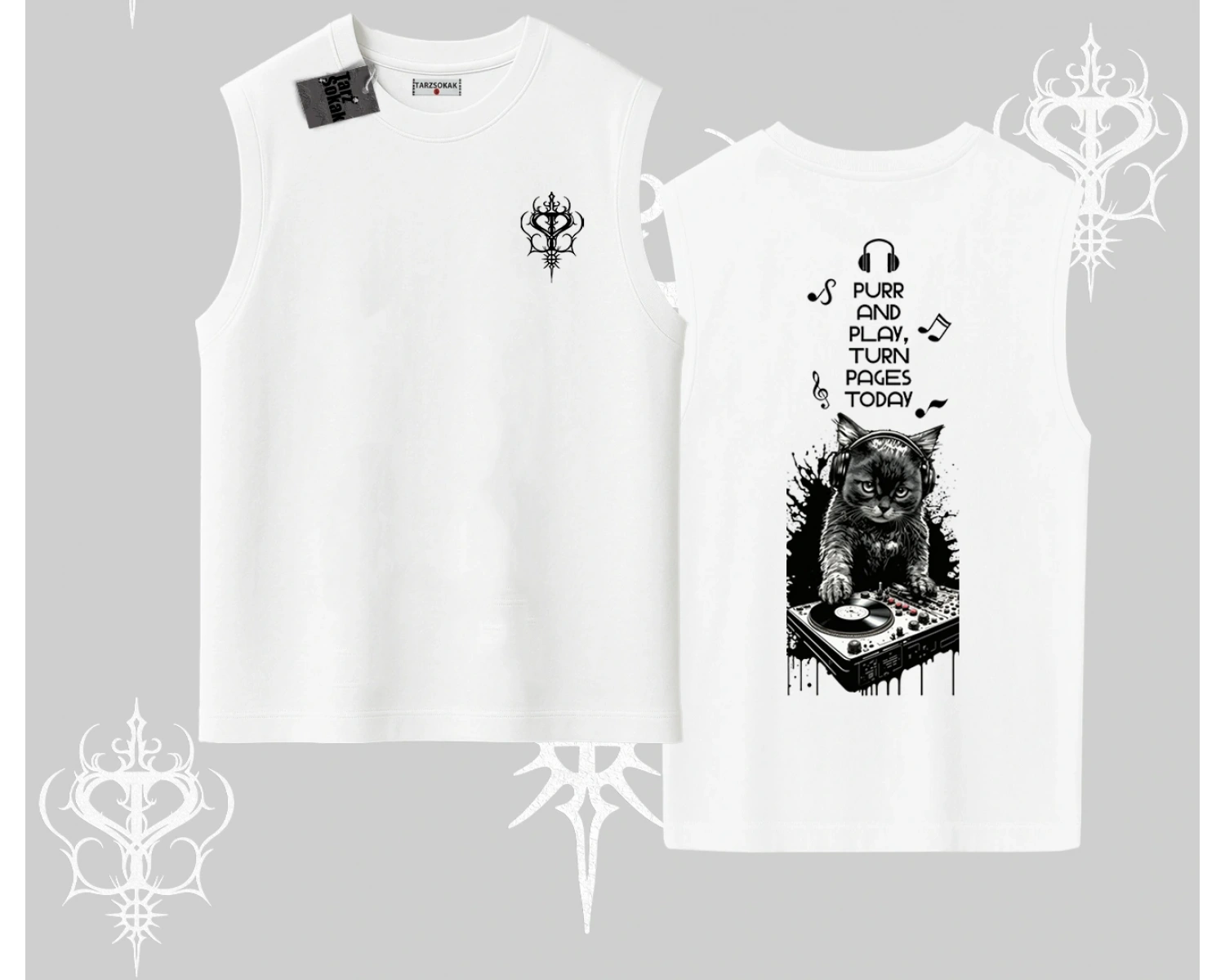 DJ Kedi Baskılı Müzik Temalı Kolsuz Tshirt