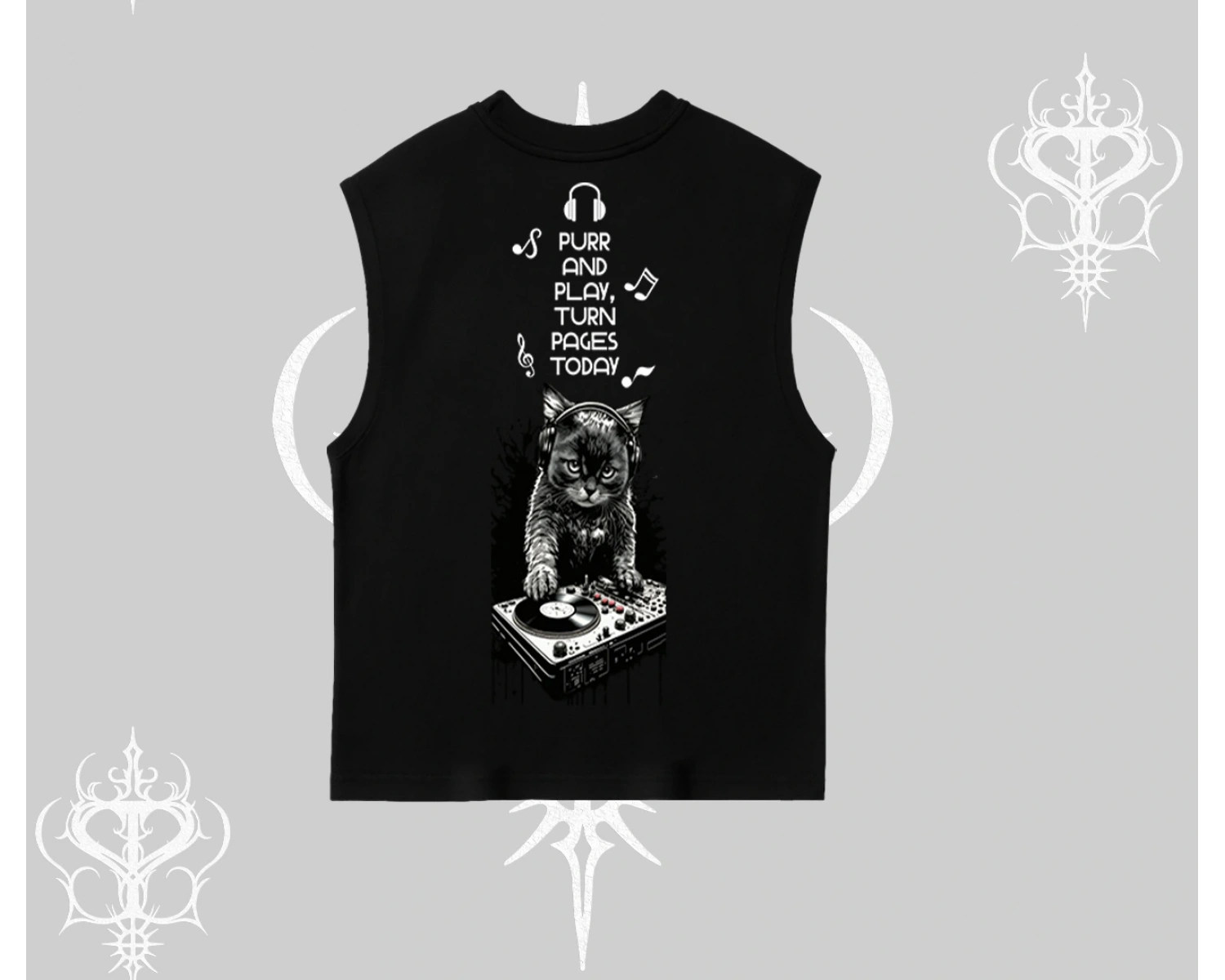 DJ Kedi Baskılı Müzik Temalı Kolsuz Tshirt