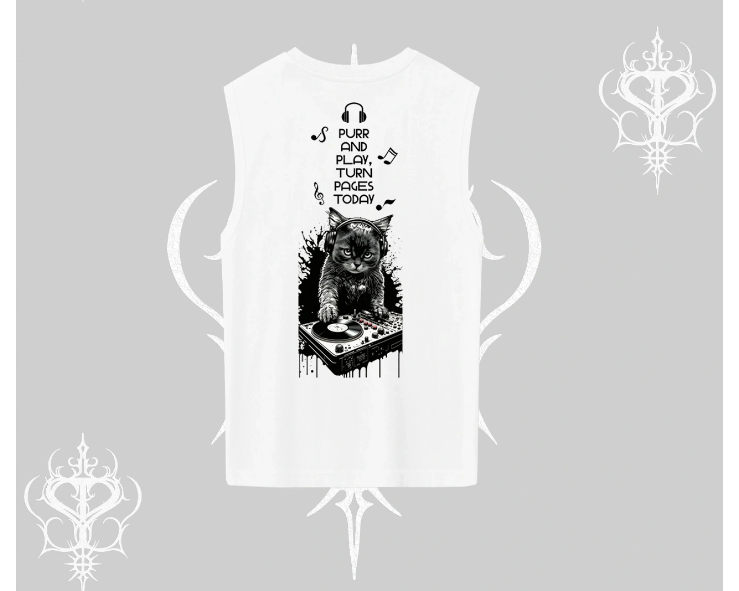 DJ Kedi Baskılı Müzik Temalı Kolsuz Tshirt