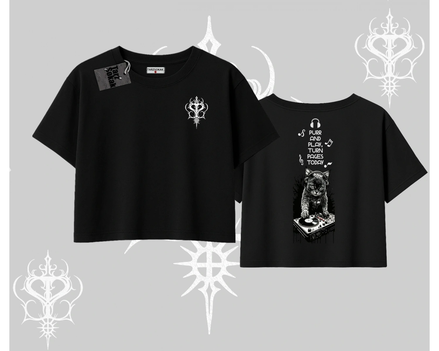 DJ Kedi Baskılı Müzik Temalı Oversize Crop Tshirt