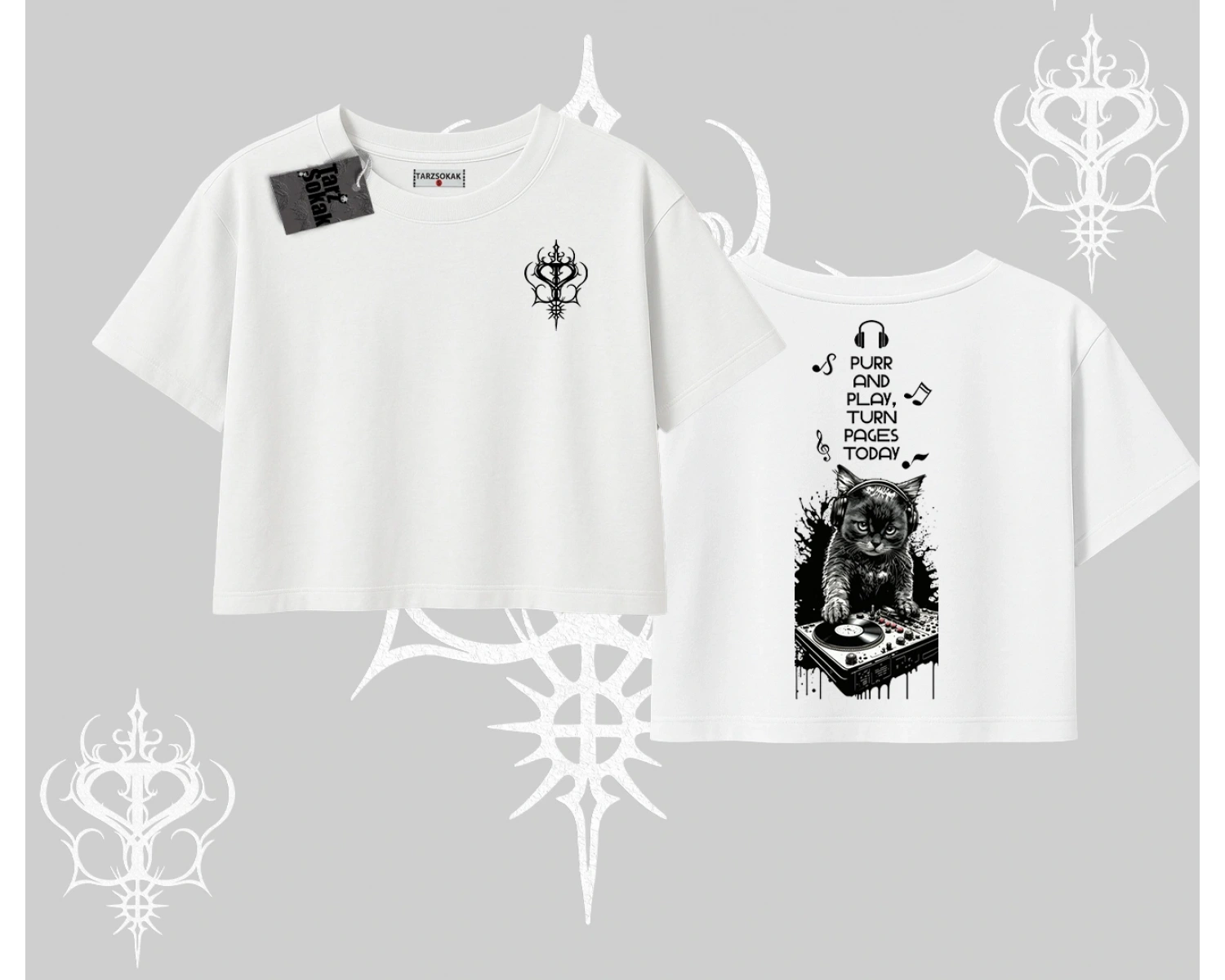 DJ Kedi Baskılı Müzik Temalı Oversize Crop Tshirt