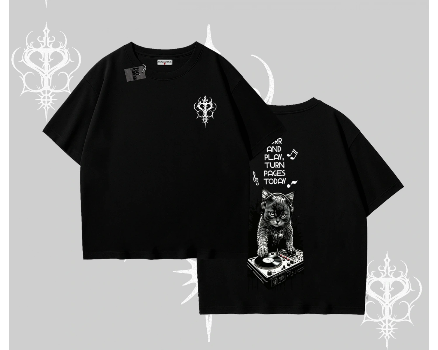 DJ Kedi Baskılı Müzik Temalı Oversize Tshirt