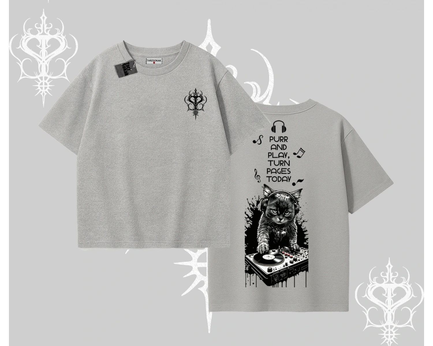 DJ Kedi Baskılı Müzik Temalı Oversize Tshirt