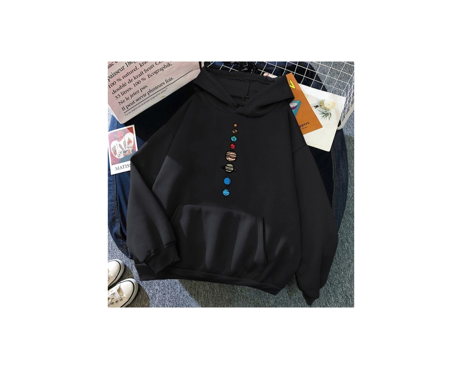 Dokuz Gezegen Evren Güneş Sistemi Kapüşonlu Hoodie 15146 Siyah