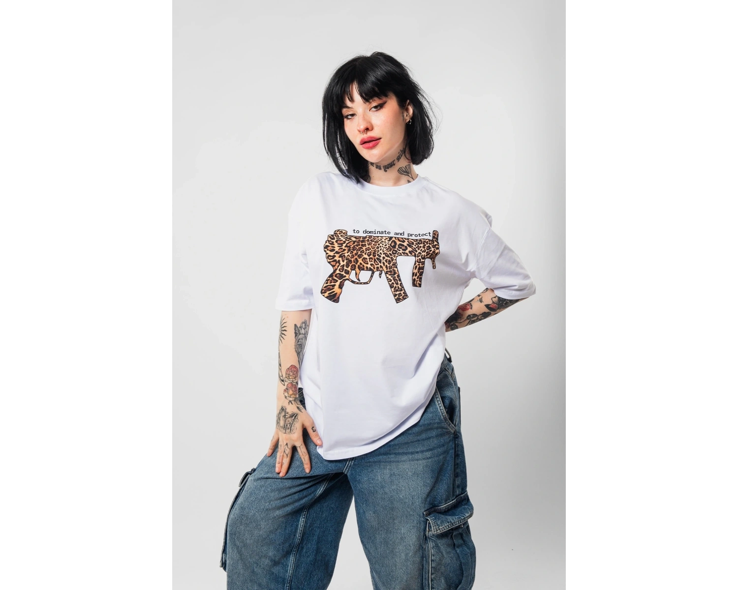 Dominante Leopar Baskılı Oversize Unisex Beyaz