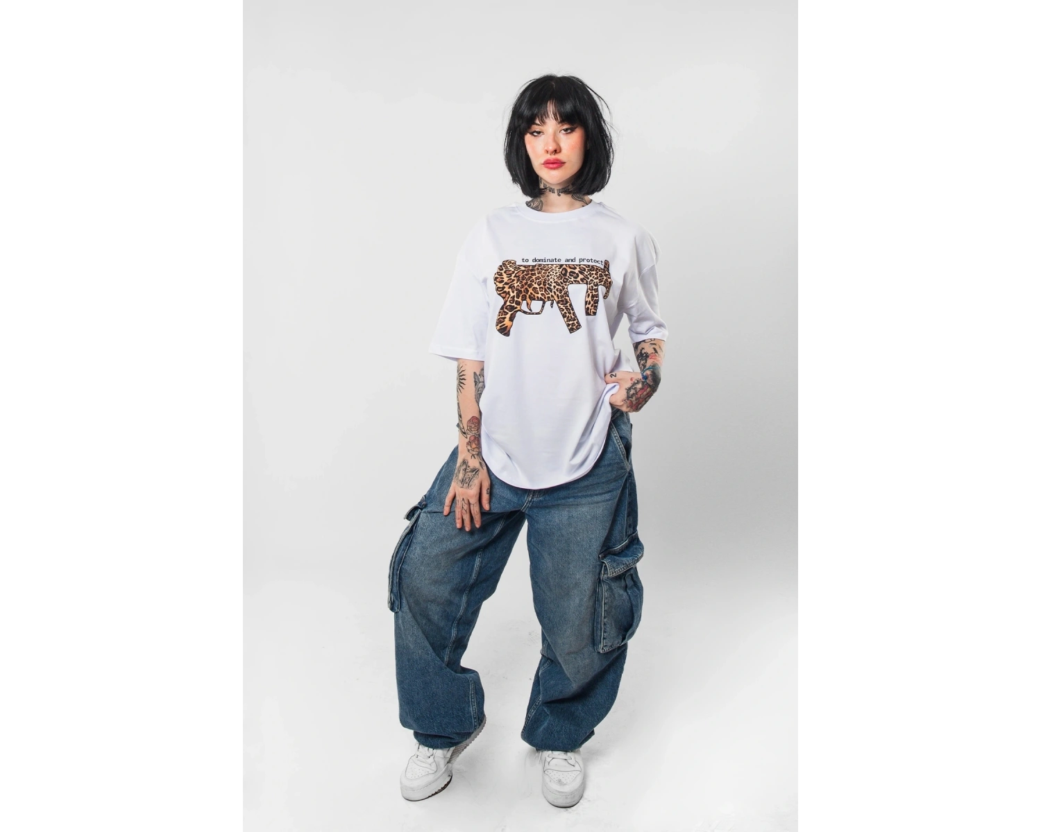 Dominante Leopar Baskılı Oversize Unisex Beyaz