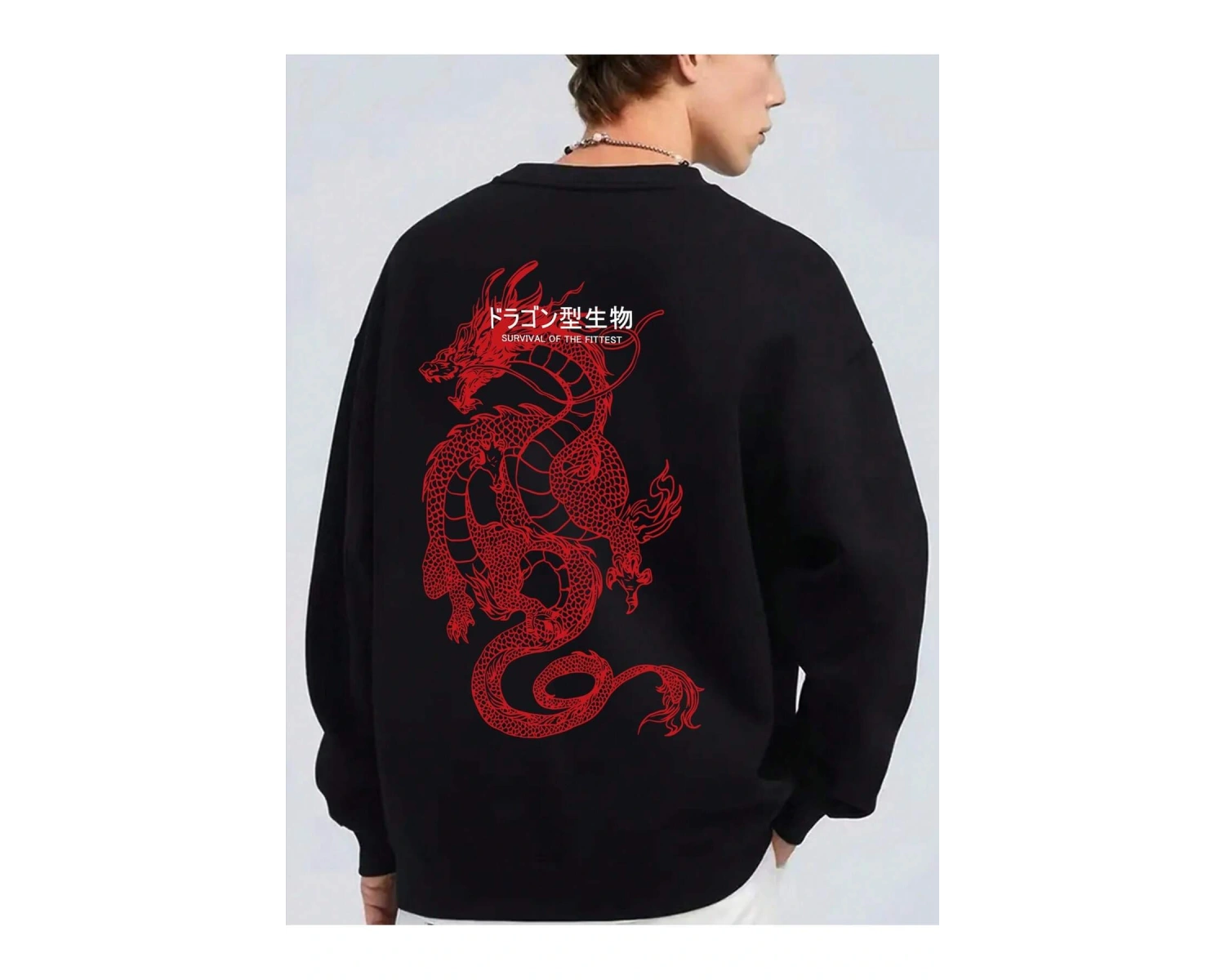Dragon & Slogan Graphic Drop Shoulder Sweatshirt Siyah