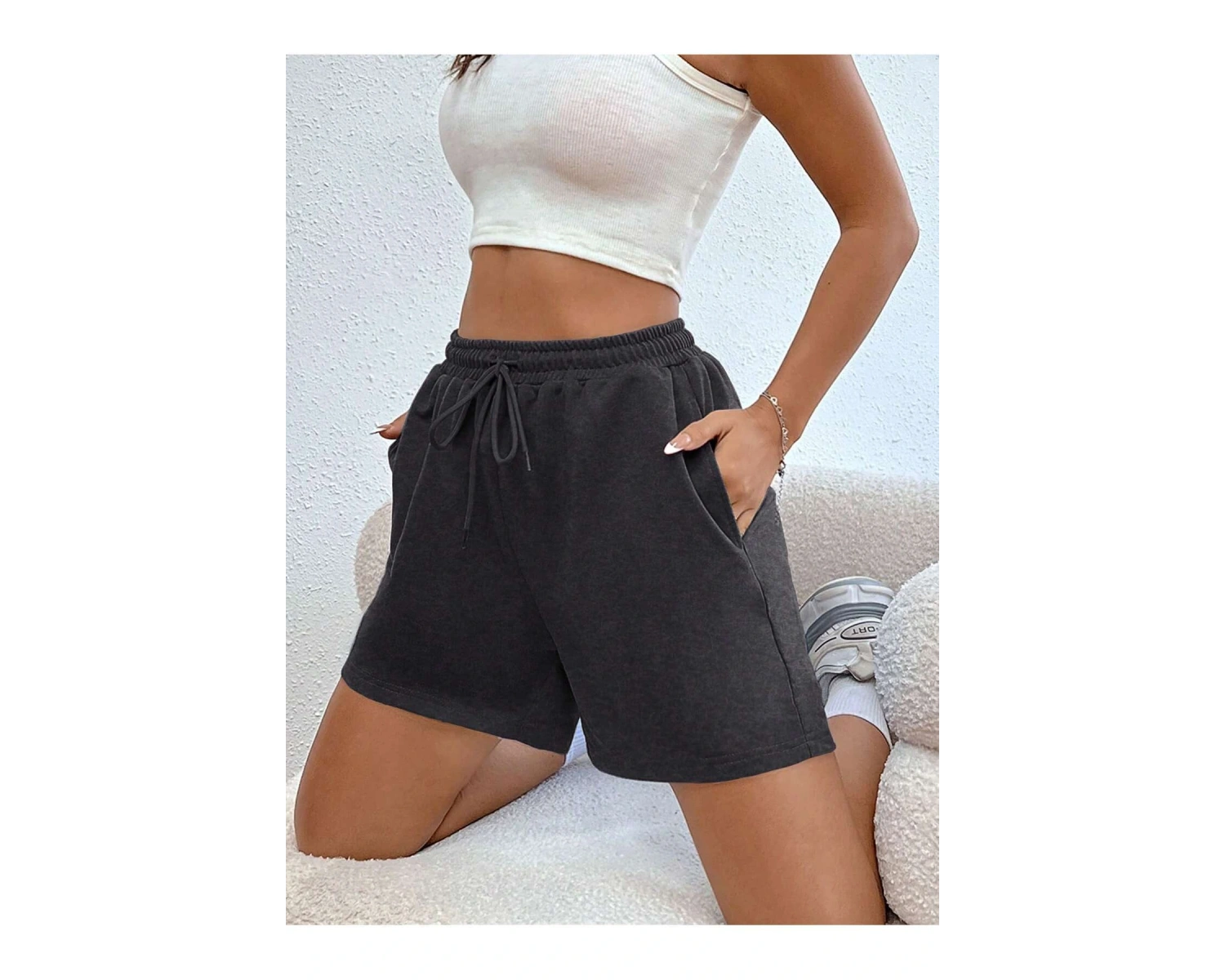 Drawstring Waist Slant Pocket Solid Track Şort