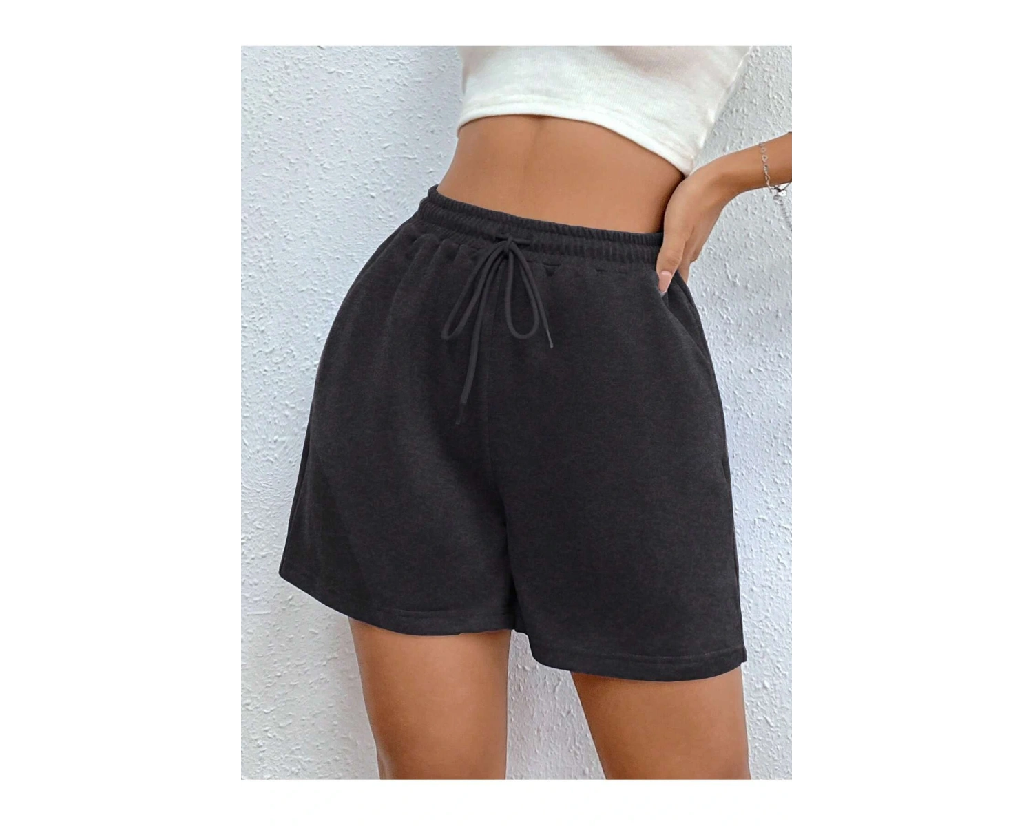 Drawstring Waist Slant Pocket Solid Track Şort