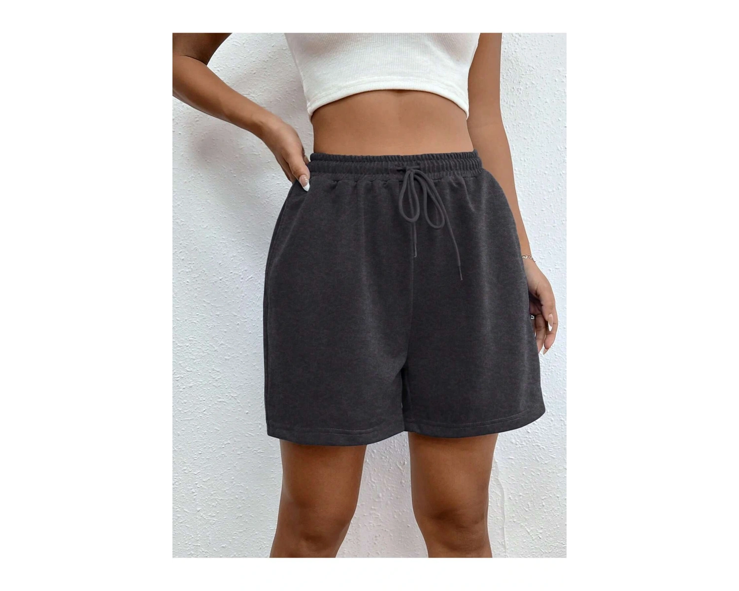 Drawstring Waist Slant Pocket Solid Track Şort