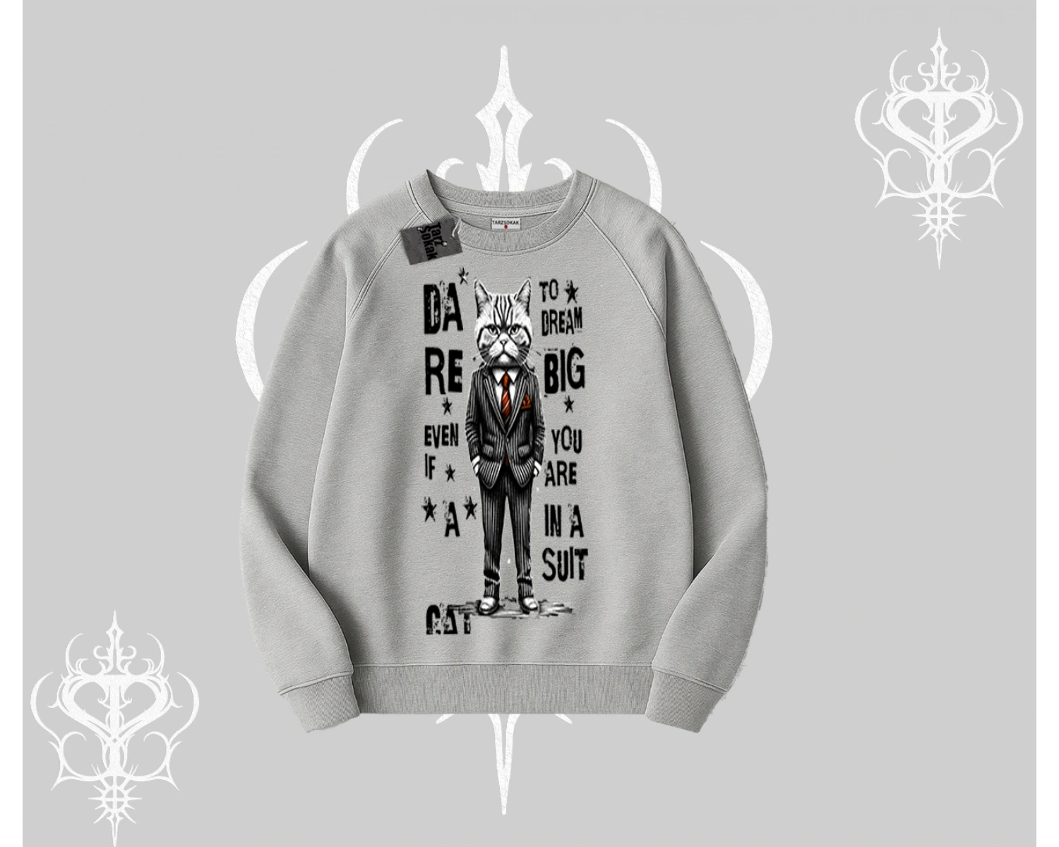 Dream Big Yazılı Takım Elbiseli Kedi Baskılı Biskilet Sweatshirt