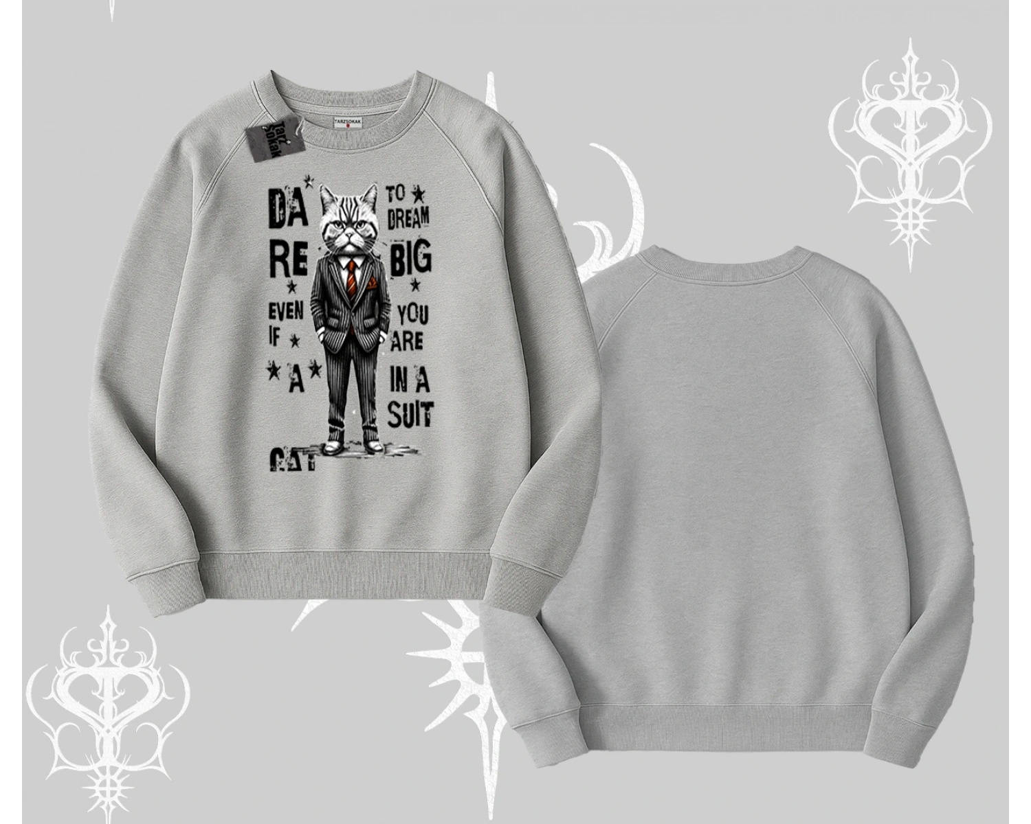 Dream Big Yazılı Takım Elbiseli Kedi Baskılı Biskilet Sweatshirt