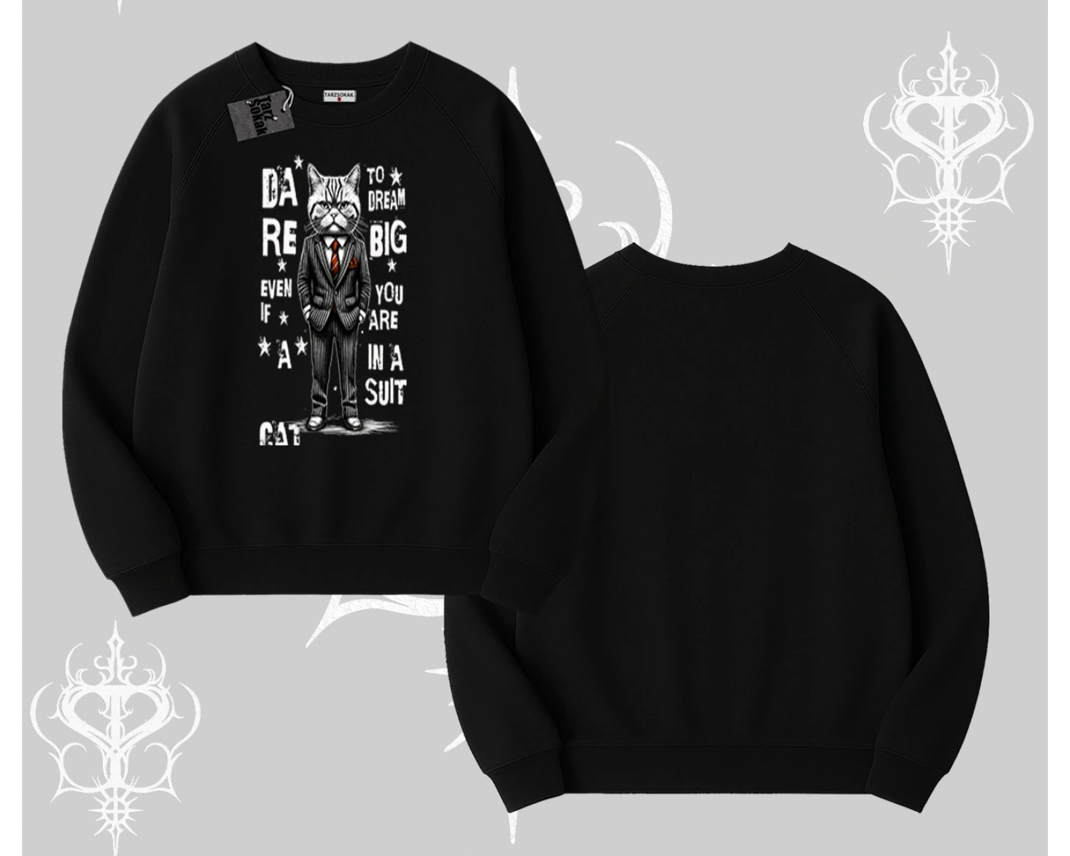 Dream Big Yazılı Takım Elbiseli Kedi Baskılı Biskilet Sweatshirt