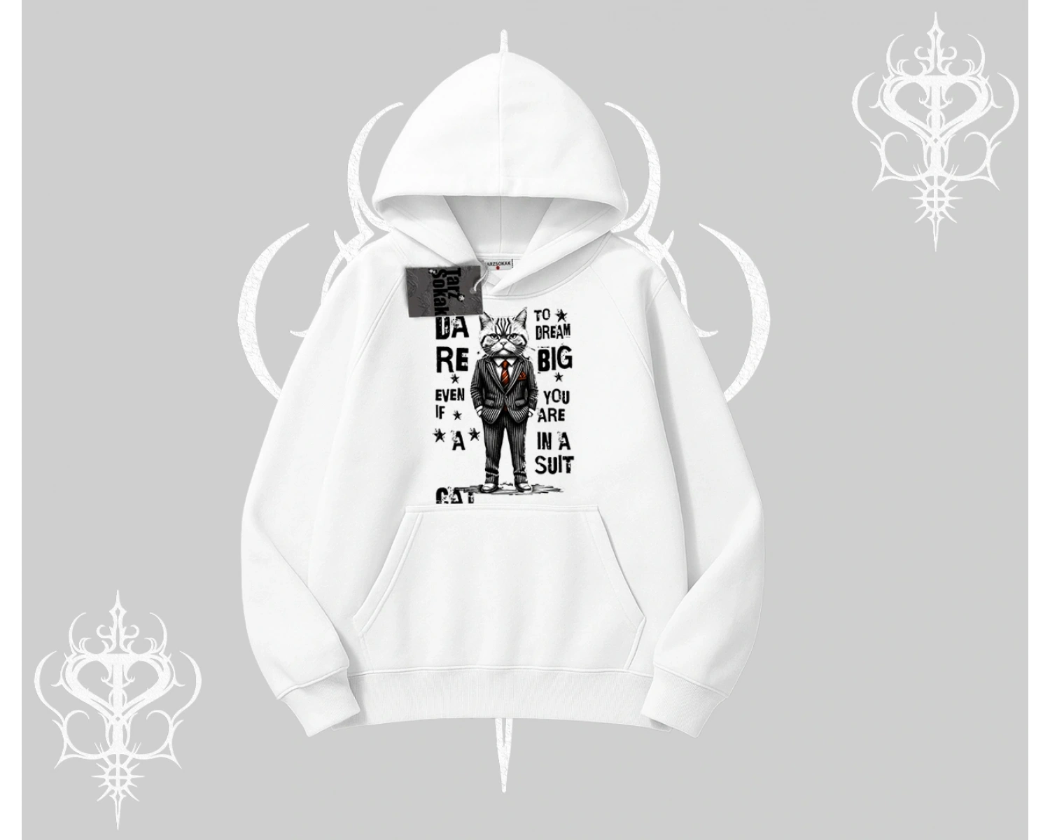 Dream Big Yazılı Takım Elbiseli Kedi Baskılı Kapşonlu Sweatshirt