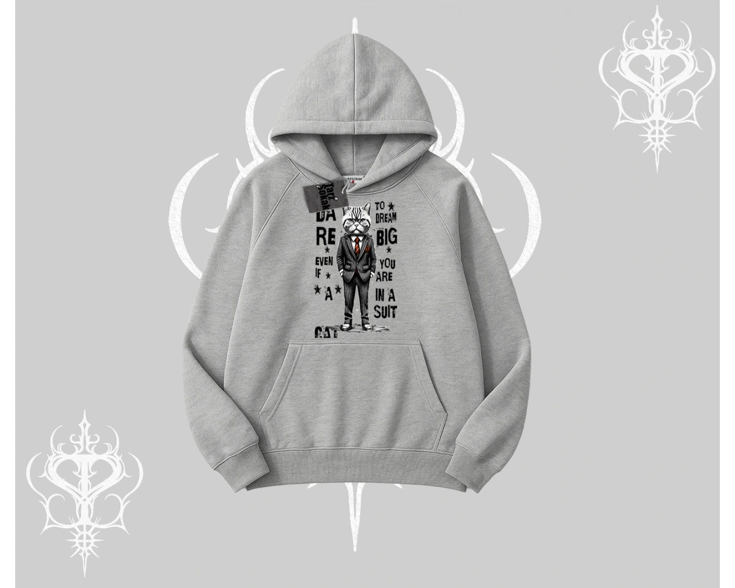 Dream Big Yazılı Takım Elbiseli Kedi Baskılı Kapşonlu Sweatshirt